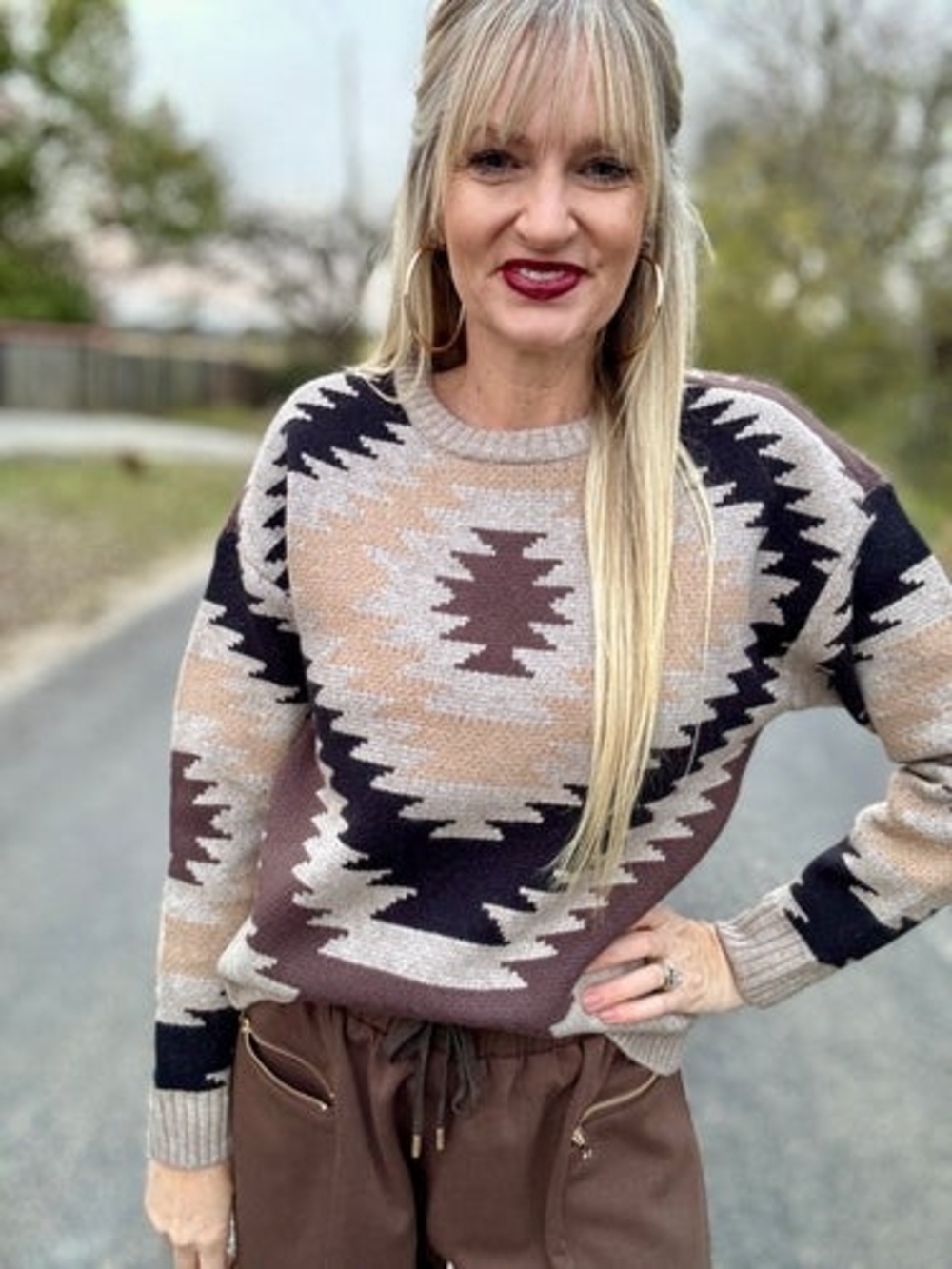Aztec-Inspired Crewneck Sweater in Brown & Cream